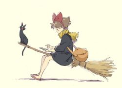 Rule 34 | 1girl, animal, bag, beige background, black cat, black dress, blush stickers, bow, broom, broom riding, brown footwear, brown hair, cat, cellphone, dress, fringe trim, hair bow, hairband, holding, holding phone, jiji (majo no takkyuubin), kiki (majo no takkyuubin), long sleeves, majo no takkyuubin, phone, popman3580, red bow, red hairband, scarf, shoes, shoulder bag, sketch, yellow scarf