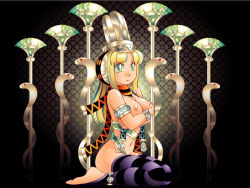 Rule 34 | 1girl, anklet, arm garter, armlet, barefoot, blonde hair, bracelet, breasts, cobra (animal), commentary request, crossed arms, daimaou k, egyptian, egyptian mythology, frown, green eyes, haevest, jewelry, lipstick, long hair, makeup, multicolored hair, naked ribbon, nipples, nude, original, patterned background, purple thighhighs, rada, ribbon, seiza, sidelocks, sitting, solo, striped clothes, striped thighhighs, thighhighs, worried