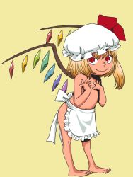 Rule 34 | 1girl, apron, barefoot, blonde hair, child, embodiment of scarlet devil, female focus, flandre scarlet, full body, hat, mob cap, naked apron, onikobe rin, side ponytail, simple background, solo, standing, toes, topless, touhou, wings