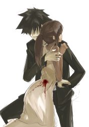Rule 34 | 1boy, 1girl, black hair, blood, blood on clothes, brown hair, crying, crying with eyes open, dress, emiya kiritsugu, fate/zero, fate (series), highres, holding, holding knife, hug, kauto, knife, long hair, ponytail, shirley (fate), short hair, simple background, spiked hair, stab, tears, white background, white dress