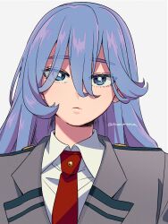 Rule 34 | 1girl, alternate hairstyle, blazer, blue eyes, blue hair, boku no hero academia, closed mouth, collared shirt, expressionless, facing viewer, grey jacket, hadou nejire, highres, jacket, long hair, looking at viewer, mommorua, necktie, red necktie, school uniform, shirt, simple background, solo, u.a. school uniform, white background, white shirt