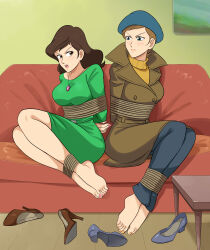 Rule 34 | 2girls, absurdres, arms behind back, barefoot, bdsm, bondage, bound, bound ankles, bound arms, breasts, brown eyes, brown hair, coat, dress, freckles, green dress, green eyes, highres, jewelry, large breasts, lipstick, lost one zero, lupin iii, makeup, mine fujiko, multiple girls, necklace, rope, trench coat