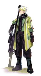Rule 34 | 1boy, boots, genderswap, genderswap (ftm), gloves, goggles, goggles around neck, green hair, gun, jacket, made in abyss, male focus, multicolored hair, aged up, prushka, rifle, saiko67, short hair, smile, sniper rifle, solo, standing, weapon, white hair
