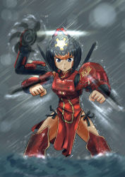 Rule 34 | 1girl, :o, absurdres, armor, armored dress, blade, blue eyes, china dress, chinese clothes, clenched hands, crimson typhoon, dragon, dress, eastern dragon, erica (naze1940), extra arms, facial hair, fighting stance, flat chest, headwear request, helmet, highres, jaeger (pacific rim), legendary pictures, light, looking at viewer, magic, mecha musume, mechanical arms, motion blur, mustache, ocean, open mouth, pacific rim, pan pacific defense corps, panties, personification, rain, saw, shin guards, short hair, side-tie panties, single mechanical arm, spinning, spread legs, standing, underwear, water