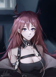 Rule 34 | 1girl, absurdres, arknights, artist name, black dress, black jacket, clothes pull, detached collar, dress, earphones, highres, horns, jacket, jacket pull, long hair, looking at viewer, purple eyes, red hair, surtr (arknights), the other lilac, upper body