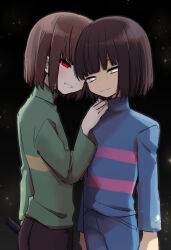 Rule 34 | 2others, arms at sides, black background, blue pants, blue sweater, blunt bangs, blunt ends, bob cut, brown hair, brown pants, chara (undertale), closed mouth, commentary request, frisk (undertale), green sweater, grin, hand on another&#039;s shoulder, highres, holding, leftporygon, light, light blush, long sleeves, looking at another, looking at viewer, multiple others, no pupils, pants, pink sweater, red eyes, short hair, smile, standing, striped clothes, striped sweater, sweater, undertale, white eyes, yellow sweater