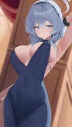 Rule 34 | 1girl, absurdres, ako (blue archive), ako (dress) (blue archive), armpits, black hairband, blue archive, blue dress, blue eyes, blue hair, blush, breasts, closed mouth, cowboy shot, dress, earrings, hair between eyes, hairband, highres, jewelry, large breasts, leavv, long hair, official alternate costume, sideboob, sleeveless, sleeveless dress, solo, sweat