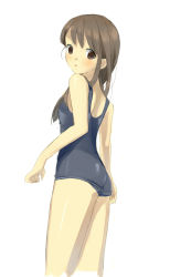 Rule 34 | 01 0219, 1girl, ass, back, bad id, bad pixiv id, blush, brown eyes, brown hair, female focus, long hair, one-piece swimsuit, school swimsuit, simple background, solo, swimsuit