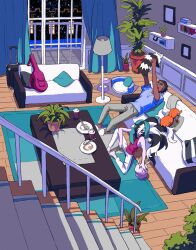 Rule 34 | 2boys, black hair, couch, creatures (company), curtains, cushion, dark-skinned male, dark skin, galarian form, galarian zigzagoon, game freak, gen 3 pokemon, gen 6 pokemon, gen 8 pokemon, goomy, guitar case, highres, holding, holding pokemon, indoors, instrument case, lamp, male focus, mixed-language commentary, molymes, multiple boys, nintendo, pants, piers (pokemon), plant, plate, pokemon, pokemon (creature), pokemon swsh, potted plant, raihan (pokemon), shirt, short hair, short sleeves, sitting, sleeveless, sleeveless shirt, slippers, spoon, stairs, table, trapinch, white pants, window, wooden floor