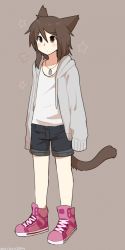 Rule 34 | 1boy, animal ears, artist name, blue shorts, blush, blush stickers, breath, brown background, brown hair, cat ears, cat tail, closed mouth, collarbone, dated, drawstring, grey jacket, hair between eyes, hatomura miri, highres, hood, hoodie, jacket, jewelry, jpeg artifacts, long hair, male focus, necklace, original, pink footwear, shirt, shoes, short shorts, shorts, signature, simple background, sleeves past fingers, sleeves past wrists, solo, star (symbol), tail, white shirt