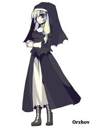 Rule 34 | 1girl, blonde hair, character name, cross-laced footwear, habit, image sample, long hair, magic: the gathering, md5 mismatch, multicolored eyes, nun, oshiruko (tsume), own hands clasped, own hands together, personification, pixiv sample, ponytail, solo, traditional nun