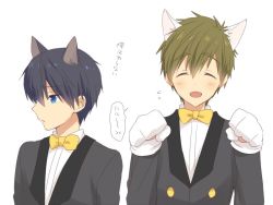 Rule 34 | 10s, 2boys, animal ears, animal hands, black hair, blue eyes, blush, bow, bowtie, brown hair, cat boy, cat ears, cat paws, formal, free!, high speed!, male focus, mo (nmnme), multiple boys, nanase haruka (free!), open mouth, short hair, simple background, smile, suit, tachibana makoto, traditional bowtie, white background
