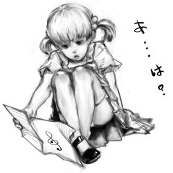 Rule 34 | 1girl, child, female focus, full body, gradient background, greyscale, hair bobbles, hair ornament, kaai yuki, monochrome, open mouth, panties, pantyshot, sheet music, short hair, short sleeves, simple background, sitting, skirt, solo, thighhighs, treble clef, twintails, underwear, vocaloid, white background, yonei