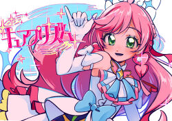 Rule 34 | 1girl, absurdres, commentary request, cure prism, dress, earrings, elbow gloves, eyelashes, gloves, green eyes, hair ornament, happy, highres, hirogaru sky! precure, htcf2334, jewelry, long hair, looking at viewer, magical girl, nijigaoka mashiro, pink hair, precure, smile, solo, translation request, white gloves