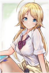 Rule 34 | 1girl, ahoge, blonde hair, blue eyes, bra visible through clothes, bralines, breasts, classroom, cleavage, closed mouth, clothes around waist, collared shirt, desk, hachimiya meguru, hair ornament, hairclip, idolmaster, idolmaster shiny colors, large breasts, long hair, loose necktie, low twintails, nannacy7, necktie, school uniform, see-through, shirt, smile, striped necktie, sweater, sweater around waist, twintails, uniform, wet, wet clothes, wet shirt, white shirt