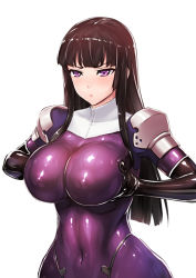 Rule 34 | 1girl, black hair, blush, bodysuit, breast lift, breasts, covered erect nipples, elbow gloves, gloves, hip focus, kamori sayaka, large breasts, latex, latex gloves, latex suit, long hair, original, pout, purple eyes, rindou (radical dream), shiny clothes, simple background, skin tight, solo, upper body, white background