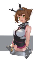 Rule 34 | 1girl, arms behind back, bare arms, breasts, brown hair, collar, crop top, cropped torso, flipped hair, green eyes, headgear, highres, kantai collection, lips, looking at viewer, medium breasts, metal belt, midriff, mutsu (kancolle), open mouth, shijia ba, short hair, simple background, solo, upper body, white background