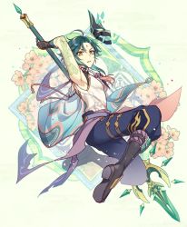 Rule 34 | 1boy, ahoge, arm guards, arm tattoo, arm up, bare shoulders, bead necklace, beads, black hair, detached sleeves, facial mark, flower, forehead mark, genshin impact, gloves, green gloves, green hair, highres, holding, holding polearm, holding spear, holding weapon, jewelry, kokotendon, long hair, looking at viewer, male focus, mask, multicolored hair, necklace, open mouth, parted bangs, polearm, sleeveless, slit pupils, solo, spear, tassel, tattoo, weapon, white background, xiao (genshin impact), yellow eyes