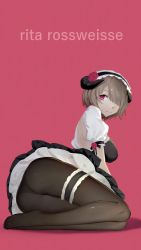 Rule 34 | 1girl, ass, black pantyhose, breasts, brown hair, character name, frills, full body, hair over one eye, highres, honkai (series), honkai impact 3rd, large breasts, looking at viewer, looking to the side, maid, maid headdress, pantyhose, pink background, purple eyes, rita rossweisse, rita rossweisse (umbral rose), short hair, short sleeves, shui ran moon, simple background, sitting, smile