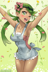 Rule 34 | 1girl, ;d, apron, armpits, arms up, artist name, bare shoulders, blush, breasts, cleavage, collarbone, covered navel, creatures (company), cropped legs, dark-skinned female, dark skin, flower, flower on head, game freak, green eyes, green hair, hair ornament, happy, highres, mallow (pokemon), medium breasts, nintendo, one eye closed, open mouth, petals, pink shirt, pokemon, pokemon sm, ribbon, satou shouji, shirt, sideboob, sleeveless, sleeveless shirt, smile, solo, swept bangs, text focus, thighs, trial captain, twintails