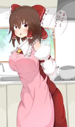 Rule 34 | 1girl, absurdres, akabeco, apron, blush, bow, breasts, brown eyes, brown hair, cookie (touhou), detached sleeves, hair bow, hair tubes, hakurei reimu, highres, indoors, kanna (cookie), large breasts, looking at viewer, open mouth, pink apron, red bow, short hair, solo, speech bubble, touhou, translated