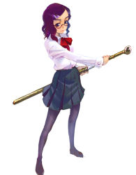 Rule 34 | glasses, pantyhose, school uniform, serafuku, simple background, solo, sword, thighhighs, weapon, weno