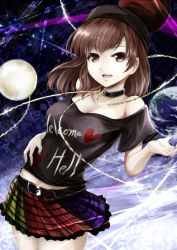Rule 34 | 1girl, bare shoulders, black shirt, blue background, breasts, chain, checkered background, cleavage, clothes writing, collar, cowboy shot, earth (ornament), gold chain, hand on own stomach, hand up, hat, hecatia lapislazuli, kz nagomiya, md5 mismatch, midriff, moon (ornament), multicolored clothes, multicolored skirt, off-shoulder shirt, off shoulder, open mouth, patterned background, red eyes, red hair, shirt, short hair, skirt, smile, solo, space, sparkle, teeth, thighs, touhou