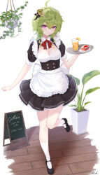 Rule 34 | 1girl, absurdres, ahoge, alternate costume, apron, black footwear, bow, bowtie, breasts, cake, cake slice, cleavage, collei (genshin impact), commentary, cup, drinking glass, enmaided, food, full body, genshin impact, green hair, hair ornament, highres, holding, holding tray, juice, knee up, kneehighs, maid, maid apron, mary janes, medium breasts, medium hair, orange juice, parted lips, pisuke (user kcmh2774), plant, potted plant, puffy short sleeves, puffy sleeves, purple eyes, red bow, shoes, short sleeves, signature, smile, socks, solo, tray, white socks, wooden floor