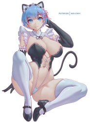 Rule 34 | 1girl, absurdres, animal ears, blue eyes, blue hair, blush, breasts, cat ears, cat tail, cleavage, elbow gloves, gloves, hair ornament, high heels, highres, large breasts, looking at viewer, maid, mary janes, melowh, navel, partially visible vulva, re:zero kara hajimeru isekai seikatsu, rem (re:zero), revealing clothes, ribbon, shoes, short hair, solo, tail, thighhighs, thighs, white thighhighs, x hair ornament