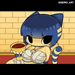 Rule 34 | 1girl, animal crossing, animated, animated gif, ankha (animal crossing), breasts, dot nose, eyes visible through hair, large breasts, leaning forward, looking at viewer, nintendo, seiro, shiny clothes, shiny skin, sidelocks, skindentation, solo, standing
