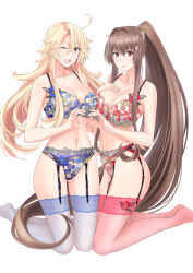 Rule 34 | 2girls, blonde hair, blue bra, blue eyes, blue garter belt, blue panties, blue thighhighs, bra, breasts, brown eyes, brown hair, cherry blossoms, flower, foot out of frame, garter straps, hair between eyes, hair flower, hair intakes, hair ornament, heart, heart hands, heart hands duo, iowa (kancolle), kantai collection, kneeling, lace, lace-trimmed legwear, lace trim, large breasts, long hair, multiple girls, one eye closed, open mouth, panties, pink thighhighs, red bra, red garter belt, red panties, red thighhighs, see-through, see-through legwear, sidelocks, simple background, star-shaped pupils, star (symbol), symbol-shaped pupils, takase asagiri, thighhighs, underwear, underwear only, very long hair, white background, yamato (kancolle)