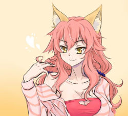 Rule 34 | 10s, 1girl, animal ears, bare shoulders, breasts, cleavage, collarbone, fate/extra, fate (series), fox ears, fox tail, gradient background, hand in own hair, heart, large breasts, long hair, nengchi daoren, official alternate costume, pink hair, simple background, solo, tail, tamamo no mae (fate/extra), tamamo no mae (spring casual) (fate), yellow background, yellow eyes