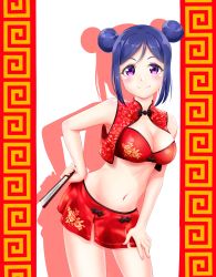 Rule 34 | 1girl, 9ma bot, absurdres, blue hair, blush, bra, breasts, cleavage, closed mouth, collarbone, contrapposto, cowboy shot, double bun, floral print, folded fan, folding fan, hair between eyes, hair bun, hand fan, hand on own hip, hand on lap, highres, holding, holding fan, looking at viewer, love live!, love live! sunshine!!, matsuura kanan, medium breasts, midriff, miniskirt, navel, parted bangs, print bra, print skirt, purple eyes, red bra, red skirt, shadow, short hair, skirt, sleeveless, smile, solo, standing, stomach, strapless, strapless bra, underwear, white background