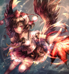 Rule 34 | 1girl, bird wings, black wings, brown hair, female focus, hair between eyes, hand fan, hat, hat ribbon, looking at viewer, open mouth, outstretched arm, pom pom (clothes), puffy sleeves, rain, red eyes, ribbon, shameimaru aya, shigaraki (strobe blue), shirt, short hair, short sleeves, skirt, solo, thighhighs, third eye, tokin hat, touhou, white thighhighs, wings, zettai ryouiki