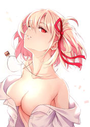 Rule 34 | 1girl, absurdres, blonde hair, breasts, cleavage, collarbone, hair ribbon, highres, jewelry, large breasts, looking at viewer, lycoris recoil, medium hair, necklace, nishikigi chisato, off shoulder, one side up, parted lips, pendant, red eyes, red ribbon, ribbon, shiraiwa usagi, shirt, solo, unbuttoned, unbuttoned shirt, undressing, white background, white shirt