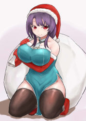 Rule 34 | 10s, 1girl, adapted costume, alternate costume, bare shoulders, black thighhighs, blue dress, blush, breast hold, breasts, christmas, curvy, dress, elbow gloves, full body, gloves, hat, highres, impossible clothes, impossible dress, kantai collection, kneeling, large breasts, looking at viewer, off shoulder, okitsugu, pelvic curtain, red eyes, red gloves, sack, santa gloves, santa hat, short hair, side slit, sitting, smile, solo, takao (kancolle), thick thighs, thighhighs, thighs, wide hips