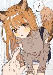 Rule 34 | 1girl, ?, animal ear fluff, animal ears, bag, blue shorts, blush, brown eyes, chestnut mouth, foreshortening, fox ears, fox girl, fox tail, hair between eyes, highres, hyamoo, leaning forward, light brown hair, long hair, looking at viewer, open mouth, original, partially colored, pointing, pov, shorts, shoulder bag, simple background, sketch, spoken question mark, tail, upper body