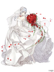 Rule 34 | 1girl, anklet, bare shoulders, bouquet, bridal veil, dress, expressionless, flower, frilled dress, frills, full body, grey eyes, grey hair, jewelry, ji no, looking at viewer, necklace, official art, pale skin, petals, rose, sinoalice, snow white (sinoalice), solo, veil, wedding dress, white background, white theme