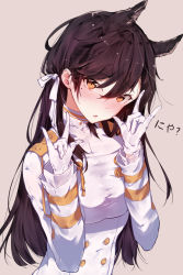 Rule 34 | 1girl, \m/, animal ears, atago (azur lane), azur lane, bad id, bad pixiv id, black hair, blush, breasts, buttons, gloves, hand gesture, hplay, jacket, looking at viewer, medium breasts, military, military jacket, military uniform, mole, mole under eye, parted lips, ribbon, simple background, solo, striped clothes, striped jacket, swept bangs, uniform, white gloves, white jacket, white ribbon, yellow eyes