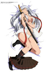 Rule 34 | 1girl, absurdres, artist name, black socks, breasts, brown skirt, chouun shiryuu, cleavage, collared shirt, copyright name, closed eyes, from above, full body, highres, holding, holding sword, holding weapon, ikkitousen, ikkitousen dragon destiny, indoors, kneehighs, large breasts, legs, long hair, lying, miniskirt, navel, no bra, official art, on back, open clothes, open shirt, panties, pleated skirt, red ribbon, ribbon, rin-sin, sheath, sheathed, shirt, silver hair, skirt, skirt around one leg, smile, socks, solo, sword, thighs, underwear, very long hair, weapon, white panties, white shirt