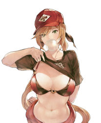Rule 34 | 10s, 1girl, baseball cap, bikini, bikini top only, bikini under clothes, breasts, brown hair, blowing bubbles, chewing gum, clarisse (granblue fantasy), clothes lift, collarbone, granblue fantasy, green eyes, hair ribbon, hat, large breasts, lifting own clothes, long hair, navel, ponytail, ribbon, shirt lift, simple background, solo, swept bangs, swimsuit, swimsuit under clothes, tokopi, very long hair, white background