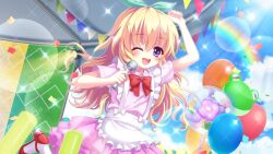 Rule 34 | 1girl, ;d, arm up, balloon, blonde hair, blue sky, bow, cloud, confetti, day, dot nose, dress, dutch angle, film grain, game cg, glowstick, green bow, hair bow, hasegawa mii, high heels, holding, holding microphone, izumi tsubasu, lens flare, long hair, microphone, non-web source, official art, one eye closed, open mouth, outdoors, pink dress, purple eyes, rainbow, re:stage!, red bow, red footwear, shoes, short sleeves, sky, smile, solo, sparkle, sparkling eyes, stage, string of flags, sunlight, teeth, upper teeth only