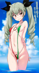 Rule 34 | 10s, 1girl, anchovy (girls und panzer), arms behind back, bikini, blush, bow, breasts, brown eyes, covered erect nipples, day, drill hair, flag print, girls und panzer, gluteal fold, green hair, hair bow, italian flag, layered bikini, layered swimsuit, long hair, multicolored bikini, multicolored clothes, navel, noripachi, o-ring, o-ring swimsuit, outdoors, slingshot swimsuit, small breasts, smile, solo, swimsuit, thigh gap, translation request, twin drills, wading, wet