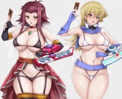 Rule 34 | 2girls, :o, antenna hair, bare shoulders, belt, between fingers, bikini, black bikini, black gloves, black thighhighs, blonde hair, blue belt, blue gloves, blush, breasts, card, choker, cleavage, collarbone, detached collar, duel disk, elbow gloves, fingerless gloves, garter straps, gloves, gluteal fold, highres, holding, holding card, izayoi aki, jewelry, large breasts, long hair, looking at viewer, looking back, micro bikini, multiple girls, navel, necklace, open mouth, r-binon, red choker, red hair, short hair with long locks, sidelocks, simple background, swimsuit, tenjouin asuka, thigh gap, thighhighs, v-shaped eyebrows, waist cape, white background, yellow eyes, yu-gi-oh!, yu-gi-oh! 5d&#039;s, yu-gi-oh! gx
