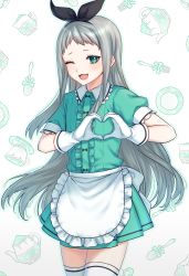 Rule 34 | 1boy, absurdres, artist request, blend s, crossdressing, gloves, green eyes, heart, heart hands, highres, kanzaki hideri, long hair, looking at viewer, male focus, one eye closed, open mouth, silver hair, skirt, solo, thighhighs, trap
