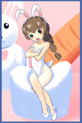 Rule 34 | 1girl, anabeu (ryuhi), animal, animal ears, blush, braid, brown hair, carrot, collarbone, covering breasts, covering privates, drantyno, embarrassed, fake animal ears, fishnet pantyhose, fishnets, food, green eyes, high heels, highres, leotard, long hair, looking to the side, open mouth, pantyhose, playboy bunny, rabbit, rabbit ears, shoes, sitting, teeth, vegetable, white footwear, white leotard, white pantyhose