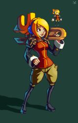 Rule 34 | 1girl, armor, bad deviantart id, bad id, blonde hair, boots, breasts, brown eyes, green background, hand on own hip, headphones, huge weapon, joakim sandberg, knee boots, lips, long hair, narrow waist, nose, over shoulder, pauldrons, pixel art, pixelated, robin (the iconoclasts), shoulder armor, solo, the iconoclasts, weapon, weapon over shoulder, wrench