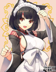 Rule 34 | 1girl, :d, animal ears, apron, azur lane, black hair, breasts, brown eyes, cat ears, clenched hands, clothing cutout, commentary request, cross-laced clothes, cross-laced cutout, fang, fujishino shikino, head tilt, japanese clothes, long sleeves, looking at viewer, maid headdress, medium breasts, open mouth, short hair, smile, solo, twitter username, white apron, wide sleeves, yamashiro (azur lane), yamashiro (sales clerk offensive?!) (azur lane)