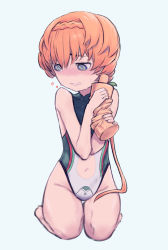 Rule 34 | 1girl, @ @, absurdres, bare shoulders, blue eyes, blue one-piece swimsuit, braid, breasts, crown braid, daisi gi, fate/grand order, fate (series), highleg, highleg swimsuit, highres, long hair, looking to the side, lotion bottle, navel, official alternate costume, one-piece swimsuit, orange hair, seiza, side braid, sink deeper, sitting, small breasts, solo, swimsuit, two-tone swimsuit, van gogh (fate), van gogh (sink deeper) (fate), white one-piece swimsuit