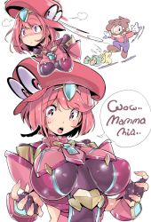 Rule 34 | 1boy, 1girl, breasts, cappy (mario), chest jewel, chris (mario), comic, fingerless gloves, gameplay mechanics, gloves, hair ornament, hat, highres, koopa troopa, large breasts, mario, mario (series), nintendo, pink hair, possessed, possession, pyra (xenoblade), red eyes, short hair, super mario odyssey, surprised, white background, xeno (series), xenoblade chronicles (series), xenoblade chronicles 2